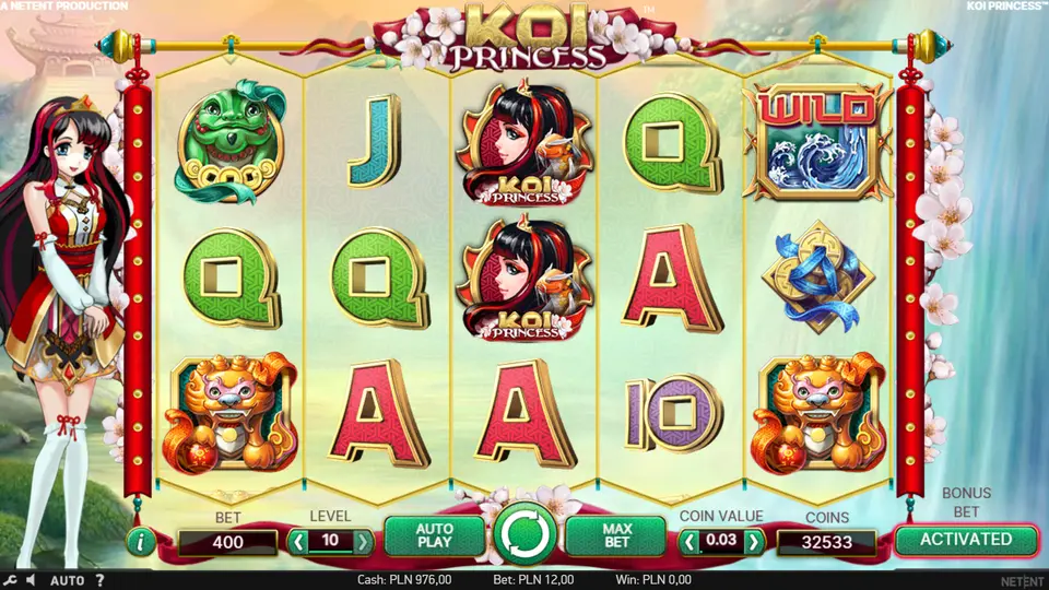 Interfejs Koi Princess z aktywowanym przełącznikiem Bonus Bet i podwojoną stawką