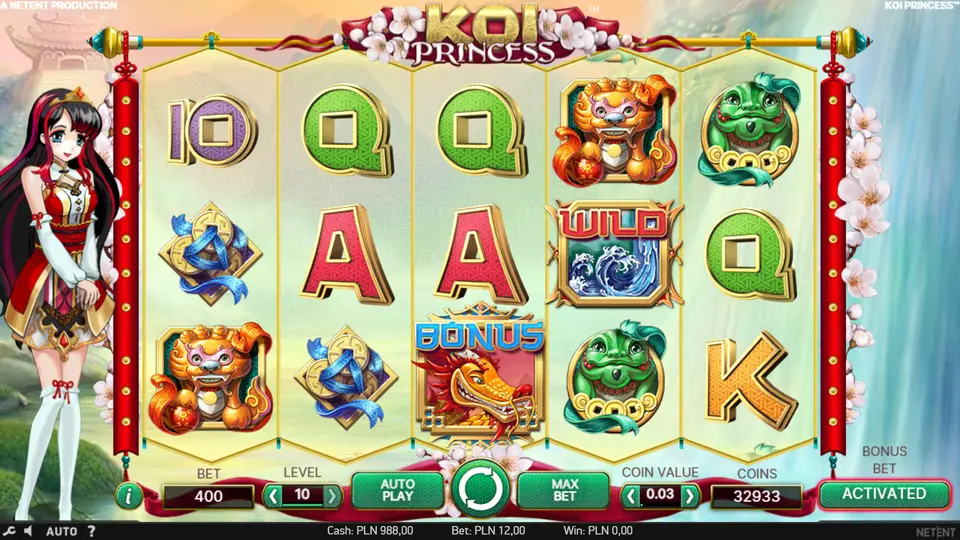 Koi Princess siatka 5x3 z symbolami Princess, Lion, Frog i kartami na japońskim tle