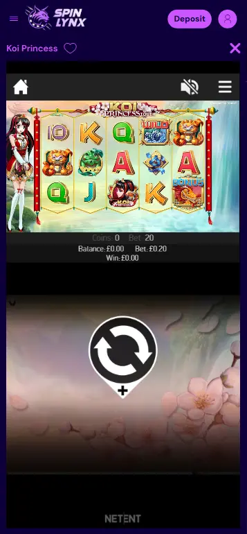 Koi Princess bet settings screen showing Bonus Bet toggle and stake options