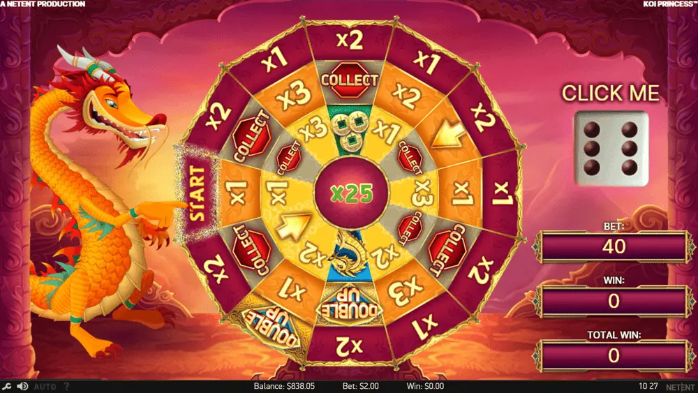 Koi Princess bonus wheel board game active showing three tiers and multiplier spaces