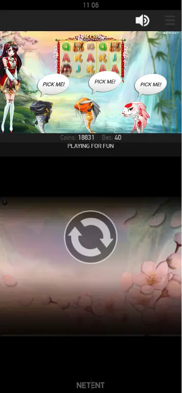Koi Princess random feature pick screen showing three sealed options to select