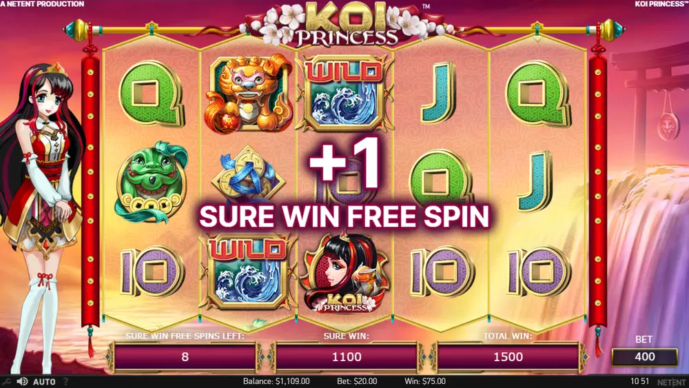 Koi Princess sure win free spins active with guaranteed win floor amount displayed