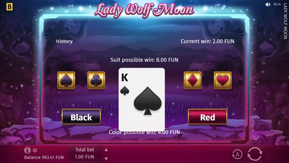 Gamble-Runde mit verdeckter Karte und Farbwahl-Schaltflächen