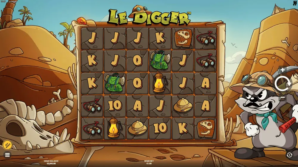 Base game full 6x5 grid showing layer depth and Smokey character with premium symbols