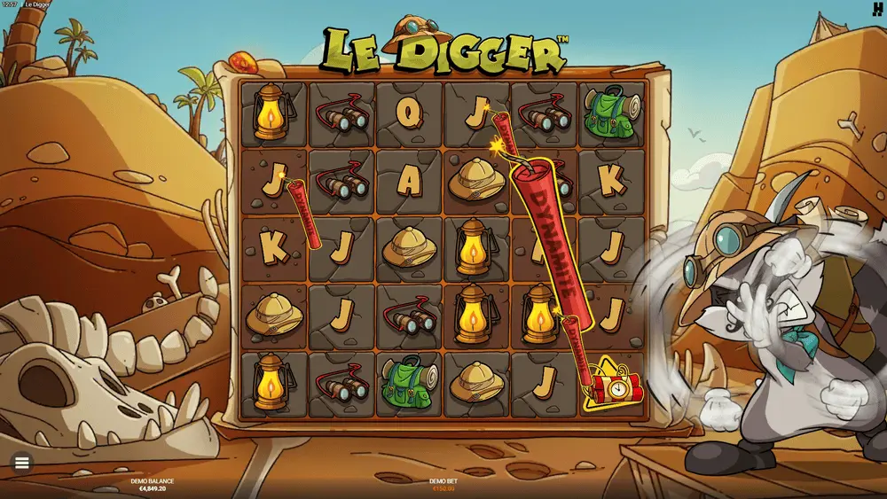 Le Digger casino Wild Dynamite chain reaction mid-explosion covering large grid section