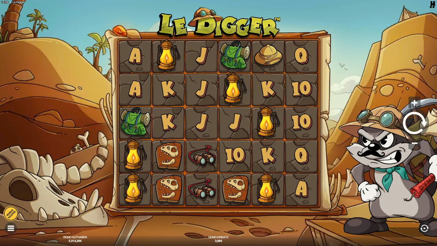 Le Digger Slot – Basisspiel 6×5-Gitter mit allen Symbolen und 3 sichtbaren Schichten