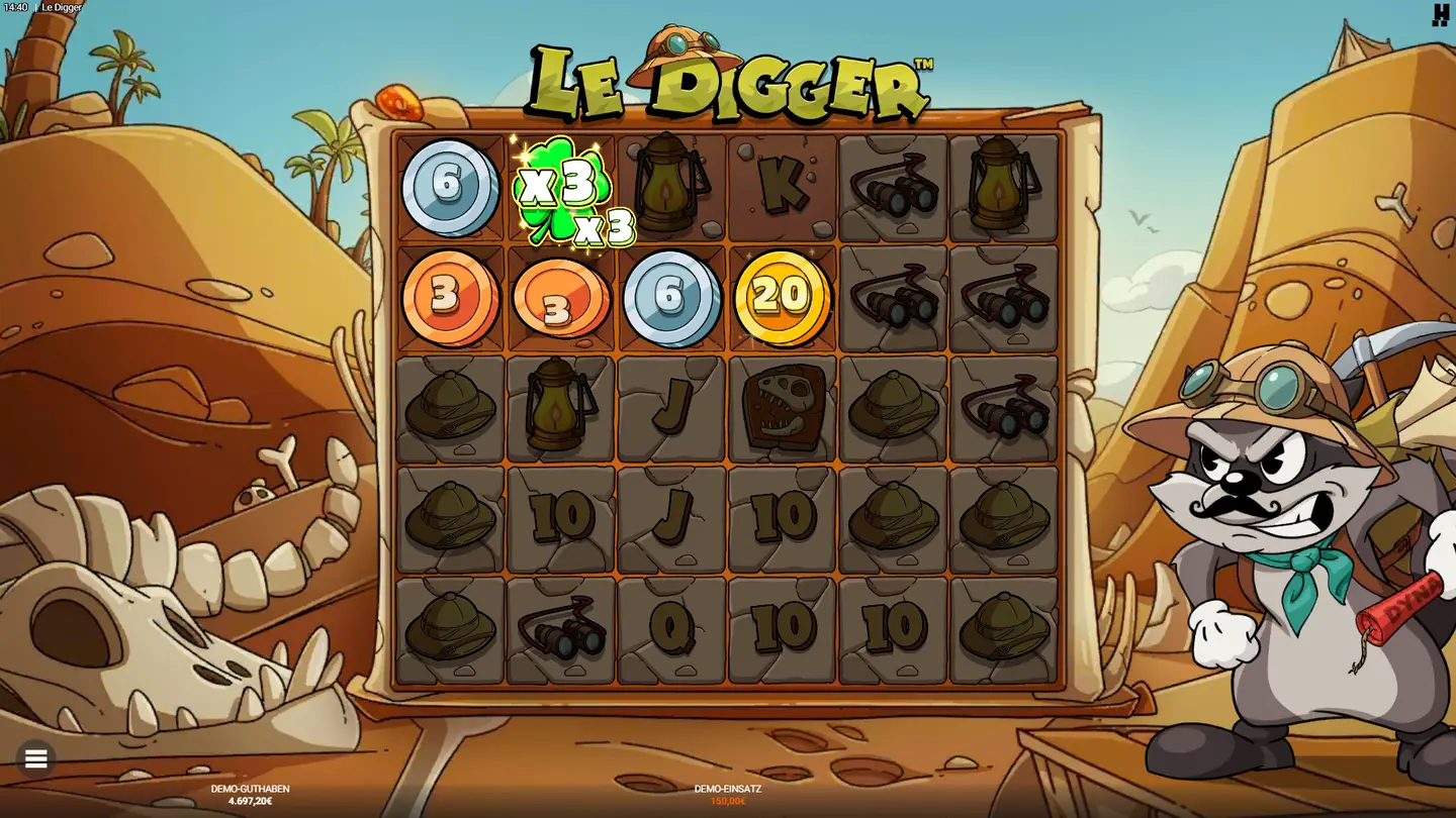 3. Schicht in Le Digger geöffnet – Münzen verschiedener Tiers, Klee-Multiplikator und Kollektor sichtbar