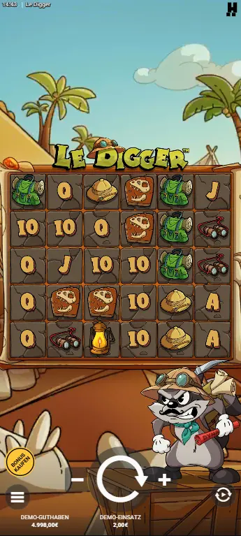 Le Digger Slot – Basisspiel 6×5-Gitter mit Laterne, Platte, Rucksack, Hut, Fernglas und Kartensymbolen, alle 3 Layer sichtbar