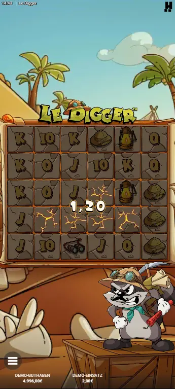 Gewinncluster in Le Digger – 5+ gleiche Symbole markiert, Animation der Entfernung und Layer-Öffnung