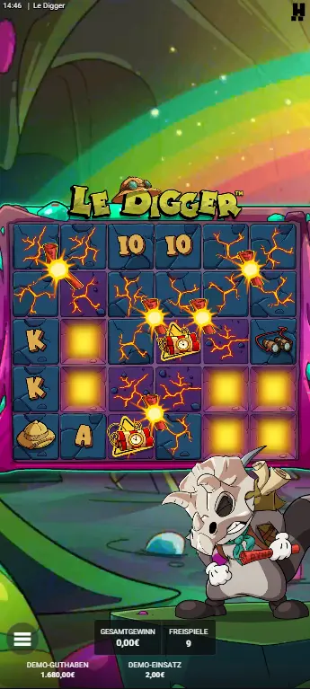 Gold Digger Bonusrunde in Le Digger – 5 Dynamite fliegen gleichzeitig, Gitter massiv freigelegt, Diamant-Münzen sichtbar