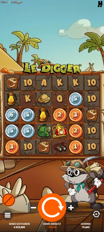 Le Digger 3. Schicht geöffnet – Bronze, Gold und Diamant-Münzen, Kollektor und Klee-Multiplikator im Gitter