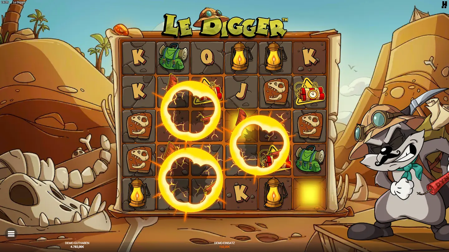 Wild Dynamite Explosion im Le Digger Slot – 3×3-Zone mit Kettenreaktion auf benachbartes Dynamit