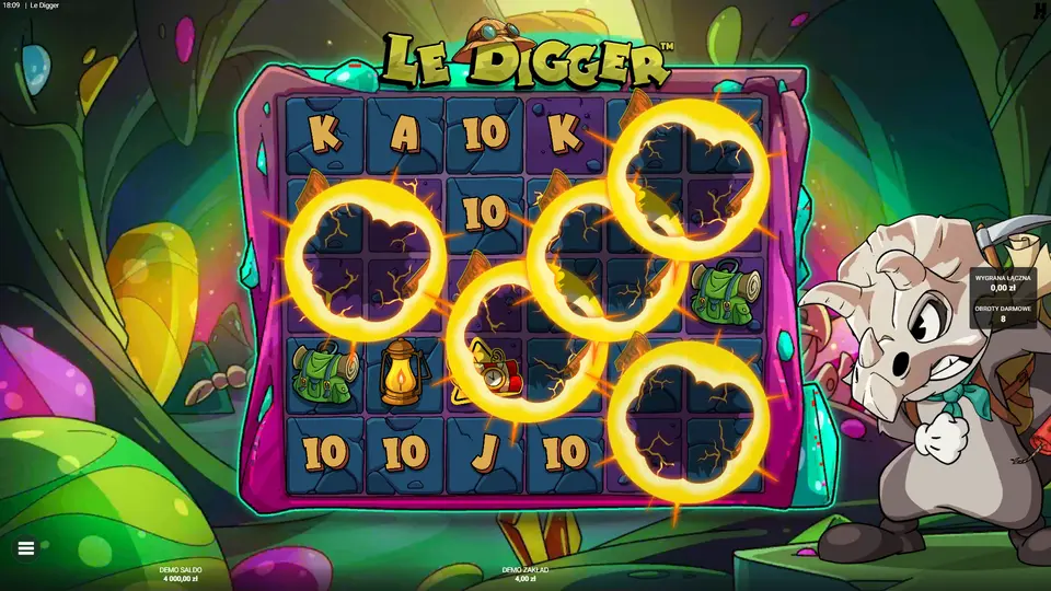 Runda bonusowa Gold Digger w Le Digger z pięcioma dynamitami na spin i wygraną powyżej 2500x stawki