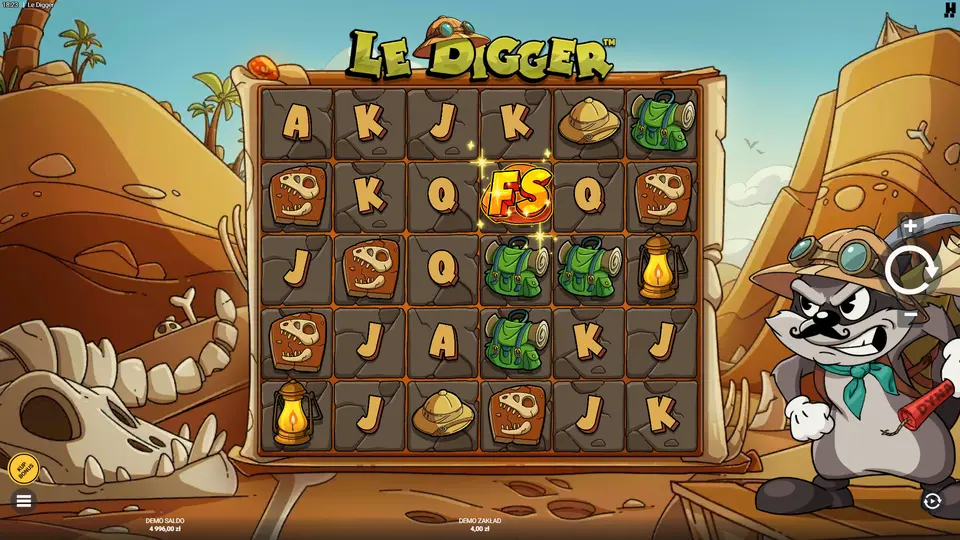 Siatka 6x5 gry bazowej Le Digger z widoczną głębią warstw, postacią Smokey'a i symbolami premium