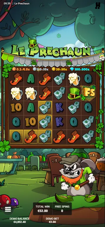 Arc Adventure free spins bonus in Le Prechaun with Lucky Charm Bar partially filled toward Level 2