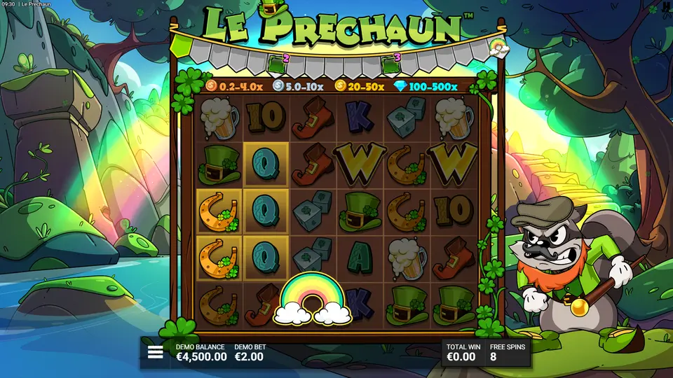 Clover the Top bonus with persistent Golden Squares and Rainbow activated in Le Prechaun