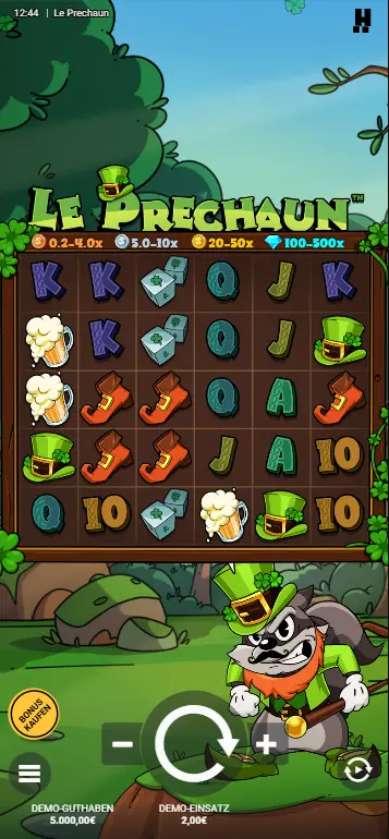 Le Prechaun Slot – vollständiges Spielfeld mit Smokey und Hochzahlsymbolen