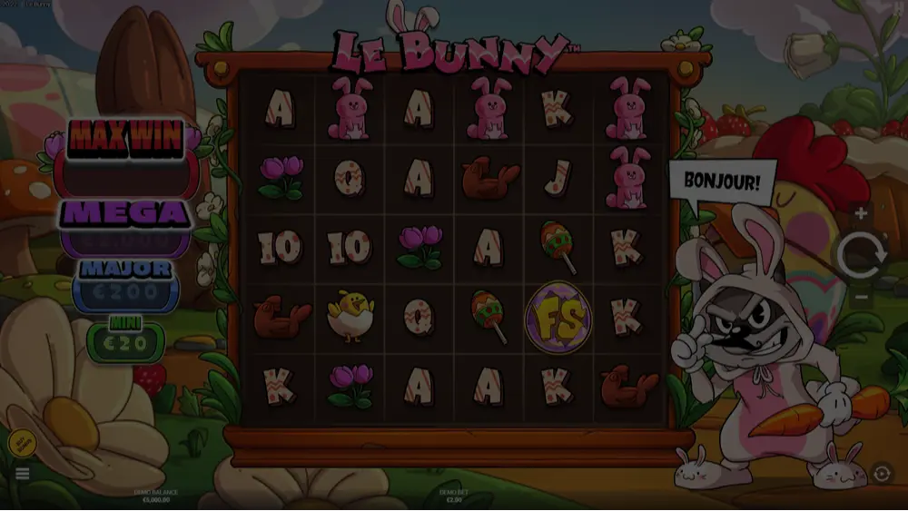 Le Bunny Slot Demo-Spielfenster mit Oster-Thema, Goldenen Feldern und Eiern