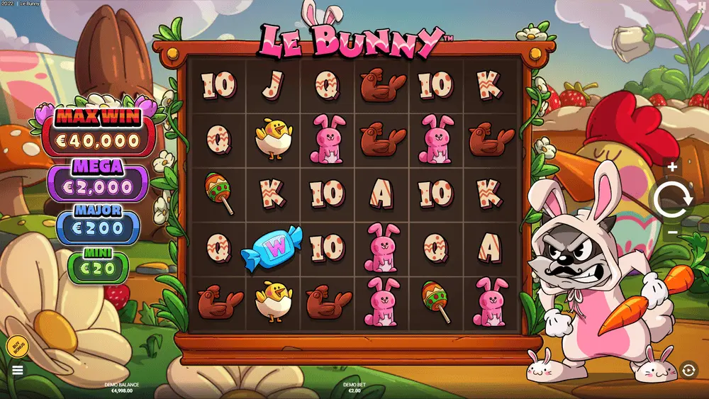 Le Bunny Slot Basisspiel mit rosa Hase in pastellfarbener Oster-Frühlingsumgebung