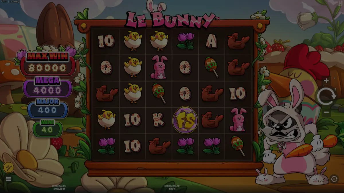 Okno demo Le Bunny slot z wielkanocnym motywem, Złotymi Polami i jajkami
