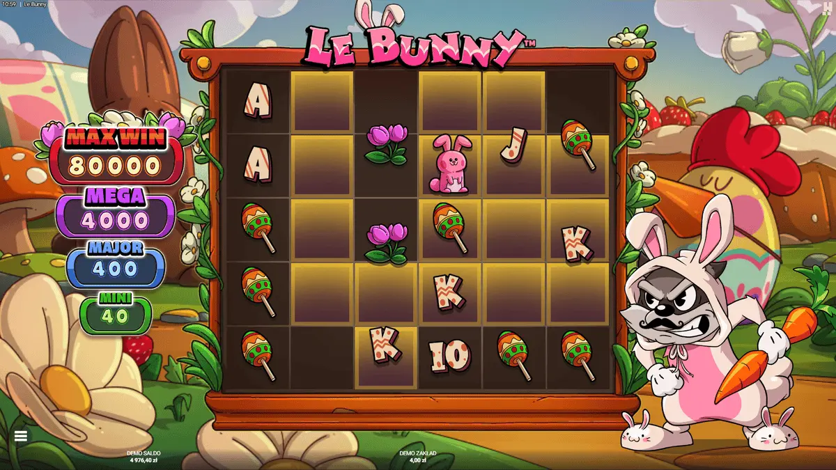 Siatka Le Bunny slot z podświetlonymi Złotymi Polami oznaczającymi pozycje wygranych