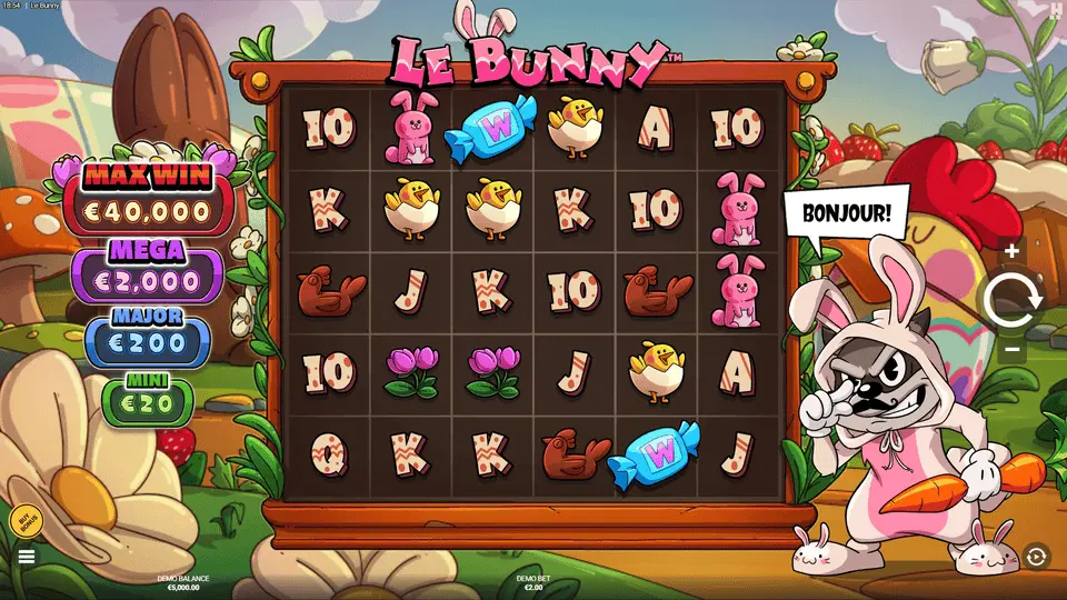 Le Bunny slot base game showing pink bunny in pastel Easter spring setting