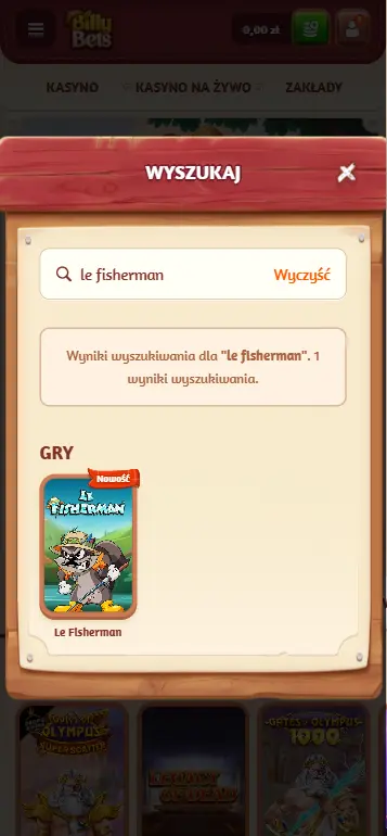 Wyszukiwanie Le Fisherman w lobby kasyna w sekcji Hacksaw Gaming