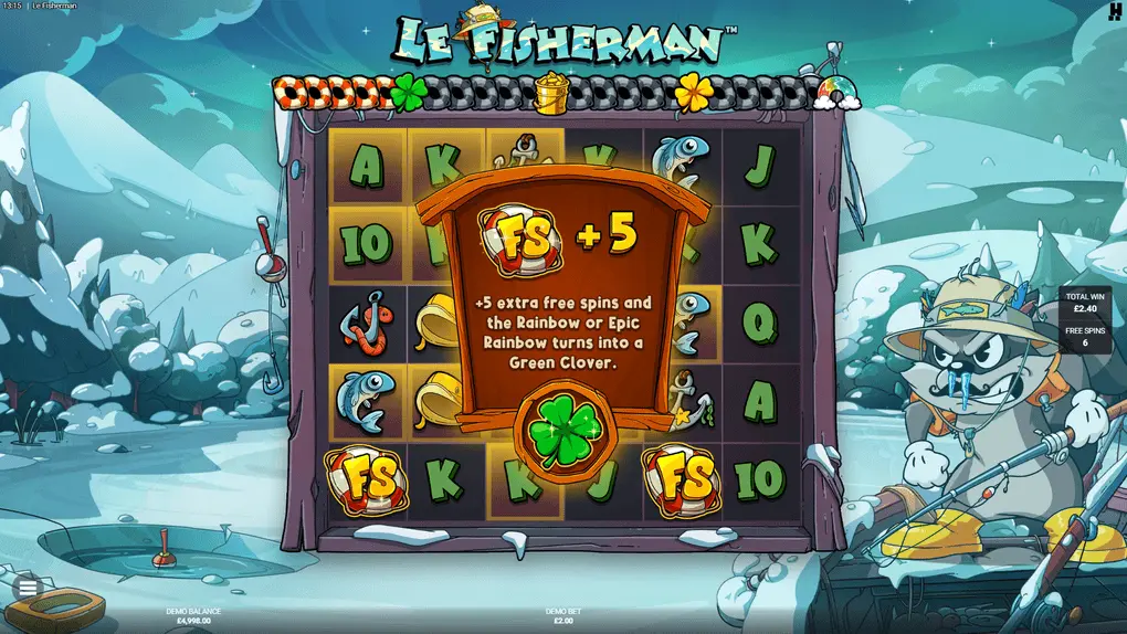 Le Fisherman On Thin Ice bonus mode with Big Catch Bar visible and Golden Squares on grid