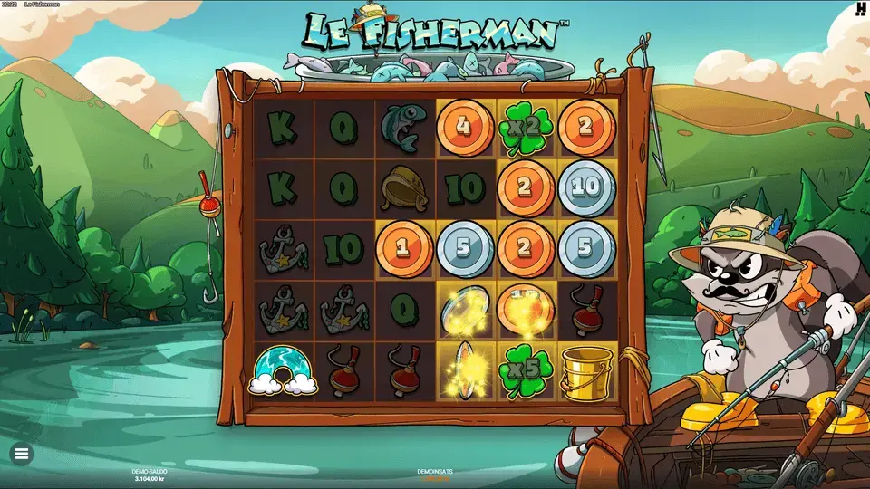 Le Fisherman Hacksaw Gaming Gold Clover multiplying all coin values across the grid