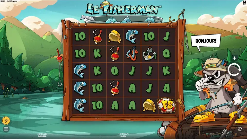 Le Fisherman slot base game showing Smokey fishing at the lake with full grid visible