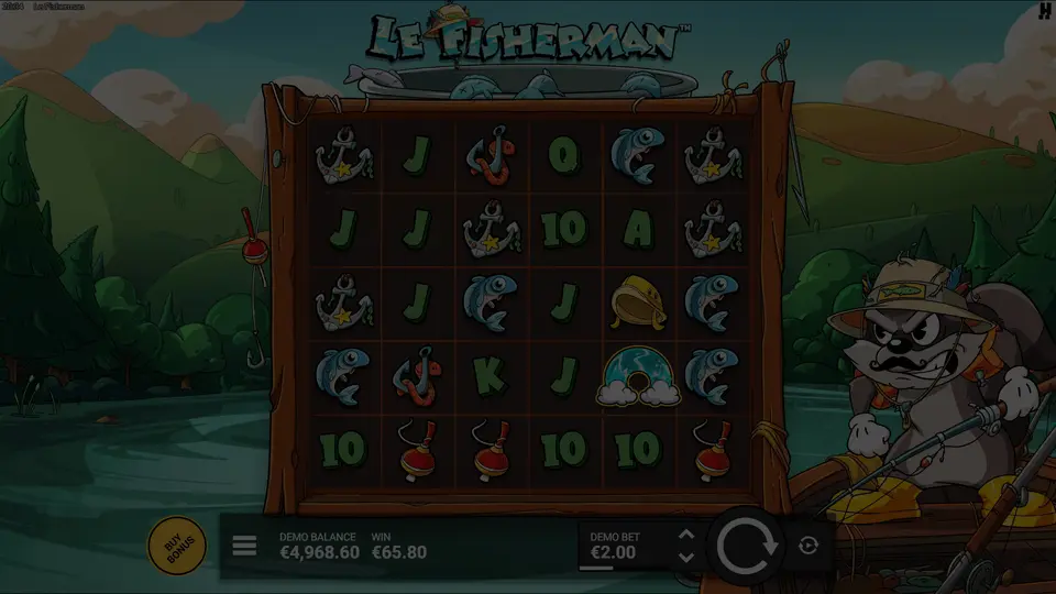 Demo game window showing Smokey fishing by lakeside with treasure hunt theme