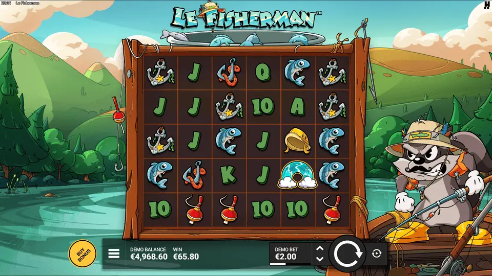 Base game showing Smokey the raccoon fishing by lake with treasure theme