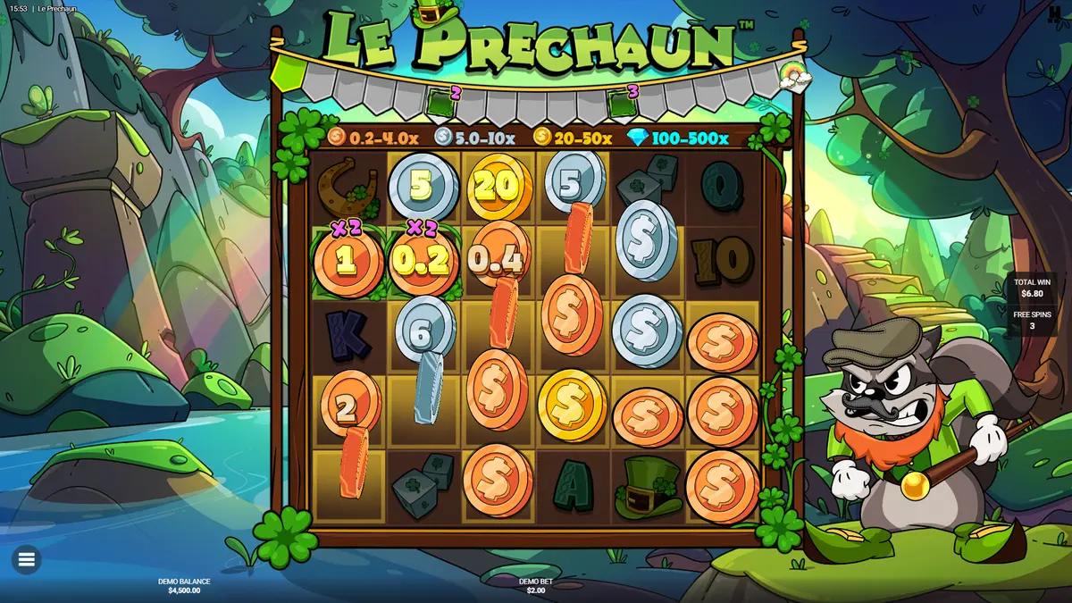 Shamrock N Roll bonus with Epic Rainbow active and Pot of Gold collecting coin values across the grid