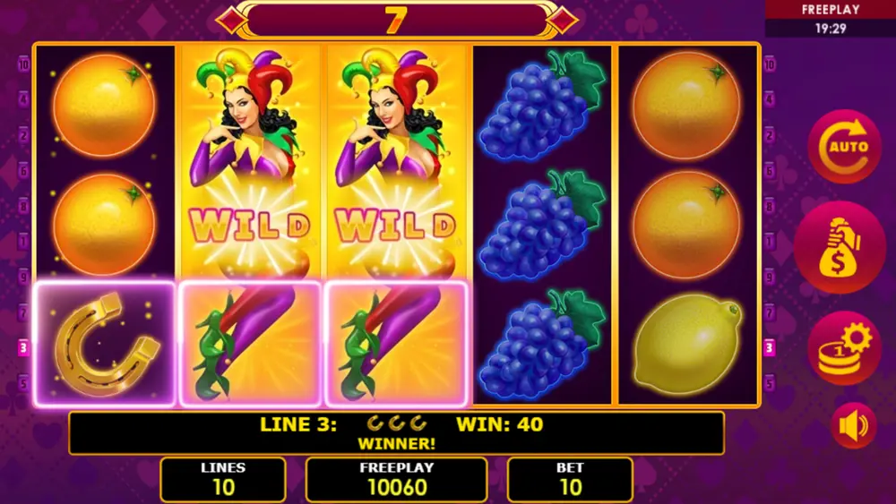 Lucky Joker 10 expanding wild covering full reel on Amatic slot – reel 3 fully covered by Joker Wild symbol
