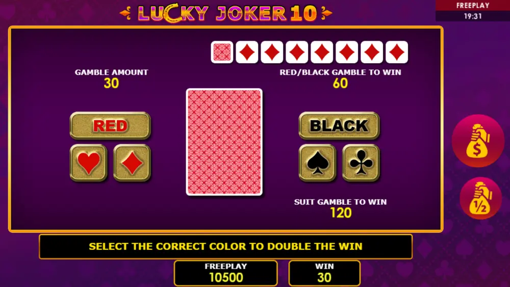 Lucky Joker 10 Gamble feature screen showing card colour and suit selection interface with current win amount