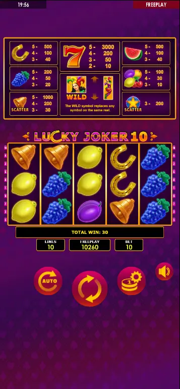Bell Scatter symbols on Lucky Joker 10 – scatter payout shown in info panel