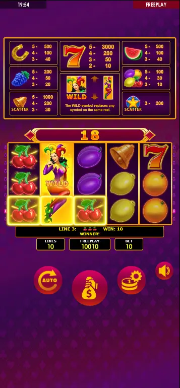 Lucky Joker 10 expanding wild covering full reel on Amatic slot – reel 3 fully covered by Joker Wild