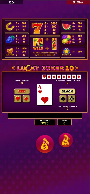 Lucky Joker 10 Gamble feature screen with card colour and suit selection
