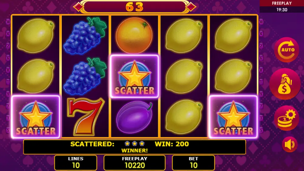 BStar scatter symbols on Lucky Joker 10 fruit machine – scatter payout shown in info panel