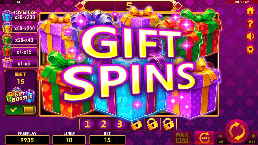Active GIFT SPIN round with several GIFT symbols locked in position and spin counter visible