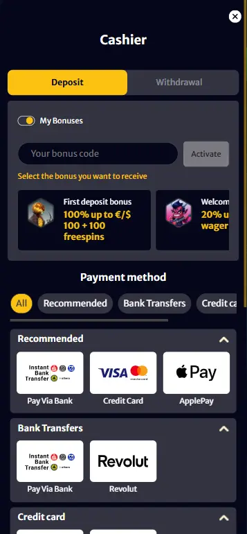 Making a USD deposit at an online casino