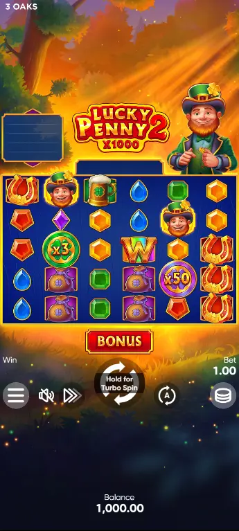Lucky Penny 2 base game – full grid with premium and low symbols, bet and balance controls visible