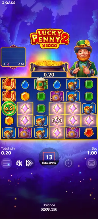 Lucky Penny 2 Buy Bonus selection screen showing Free Spins at 100x and Super Free Spins at 500x with costs displayed