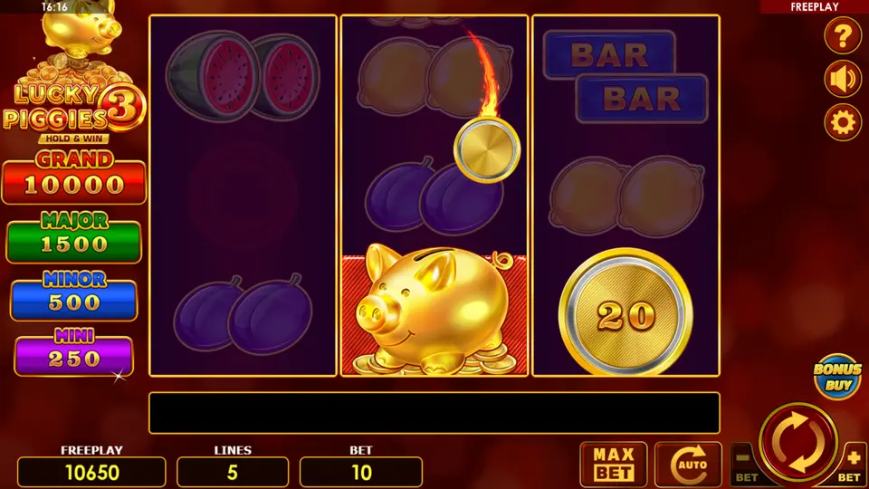 LUCKY PIGGY activation in Lucky Piggies 3 – extra PIGGY and COIN symbols appear on the reels
