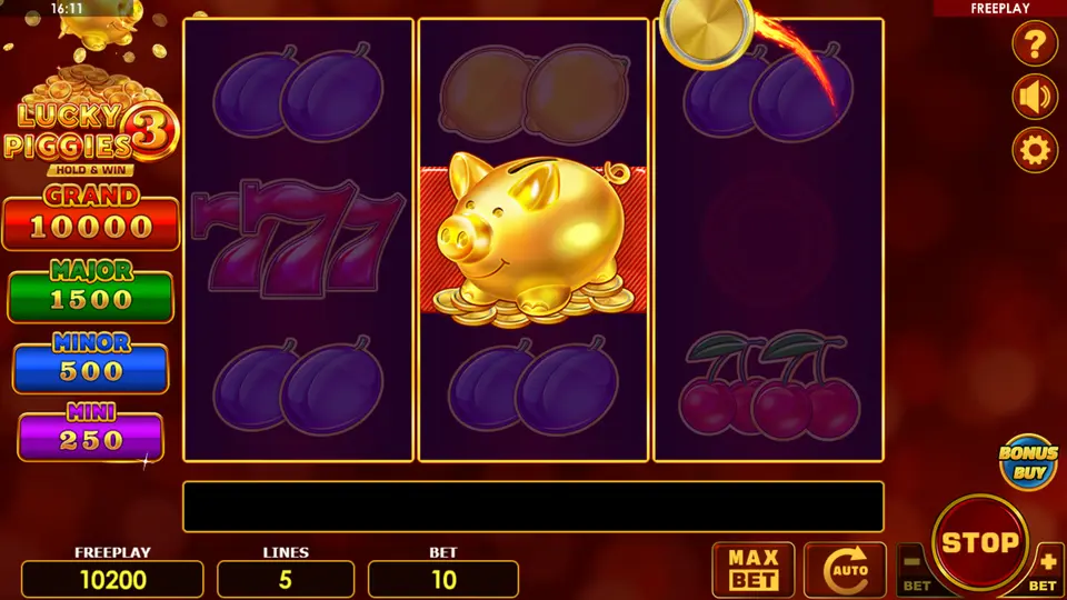 Lucky Piggies 3 – PIGGY on reel 2 collecting a COIN symbol from reel 1