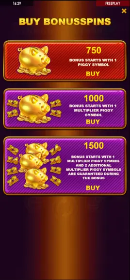 Lucky Piggies 3 Bonus Buy screen – all three options at 75x, 100x, and 150x total bet