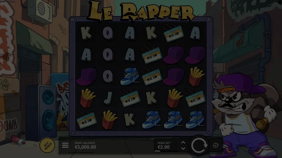 Fenêtre de démo Le Rapper affichant la grille 6x5 avec fond urbain de rue, graffitis colorés, Smokey en tenue de rappeur et symboles hip-hop sur les rouleaux