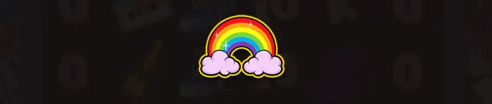Symbole Arc-en-Ciel coloré brillant avec effet lumineux, montrant un arc-en-ciel complet avec nuages violets sur les côtés, fond de grille de jeu, cases marquées visibles en arrière-plan prêtes à être révélées