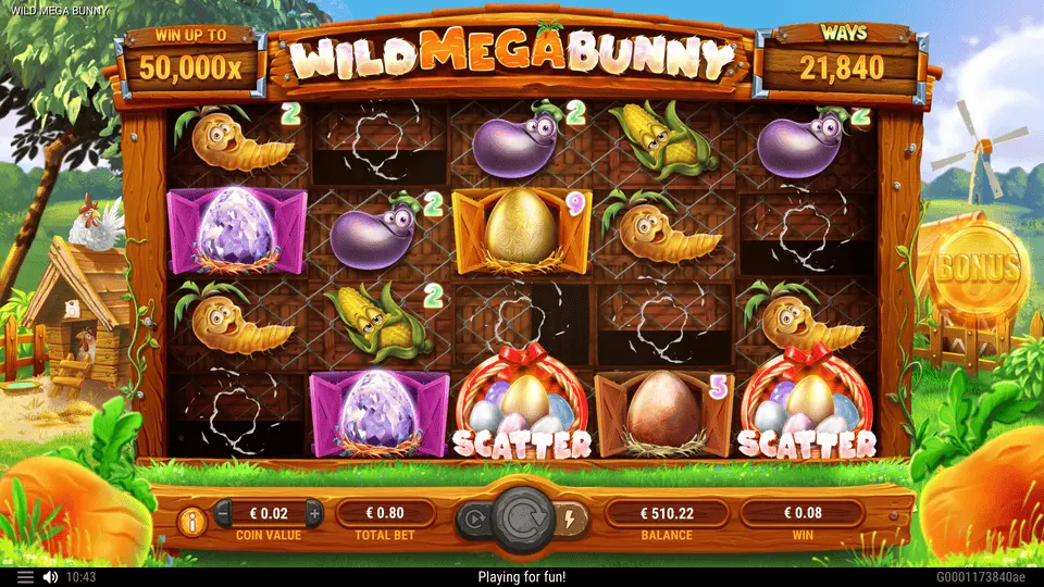 Mega Bunny slot mid-cascade with symbols falling and new ones dropping
