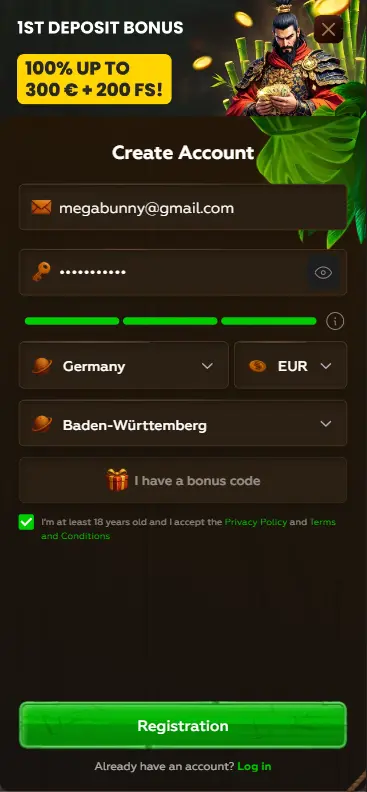 Registration form for playing Mega Bunny game real money